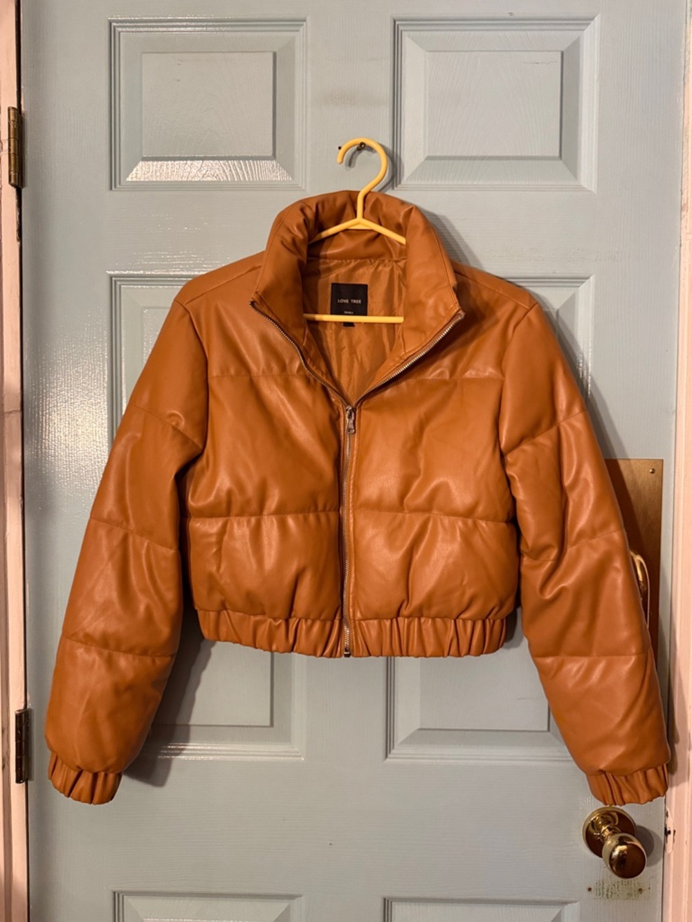 Love Tree Cropped Faux Leather Puffer Jacket in Cognac Brown
